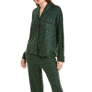 Donna Karen Green Leopard Velvet Pajama Shirt Women's Size Large